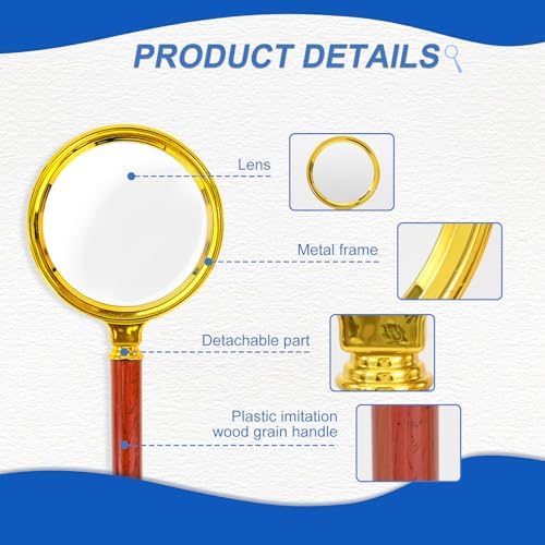 10x Handheld Magnifier, Reading Magnifier for Children Elderly for Hobbies and Science, 80mm Plastic Gold Plated Frame Electroplated Faux Wood Grain Handle