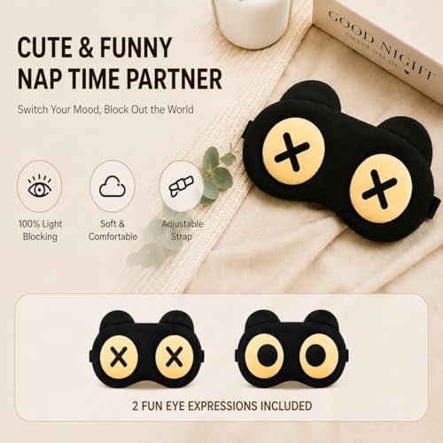 2PCS Sleep Mask for Women Men, Eye Masks for Sleep, Funny Black Eye Covers with Adjustable Elastic Strap for Travel, Night Blindfold for Men Women Sleeping(Round Eyes)