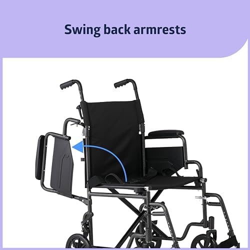 Medline Carbon Steel Folding Transport Chair with Swing-Back Arms, Swing-Away Foot Rests, Portable Mobility for Adults & Seniors, 19" Wide Padded Seat, 250 lb. Capacity, Black