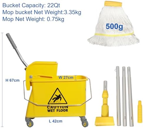 Mop Bucket with Wringer, 22 Qt (5.5 Gallon), Handle, Wheels,Floor Cleaning, 16.5" L x 10.6" W x 26.4" H, Yellow,Add One Cotton Mop
