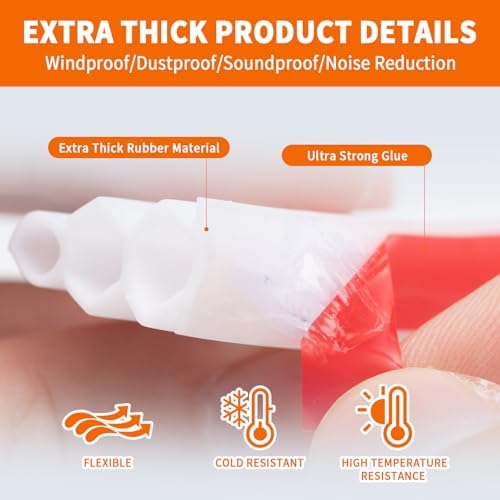 40 Feet Self-Adhesive Rubber Weather Stripping Fits Big Gaps, Extra Thick Rubber Door Weather Stripping Door Seal Strip for Door Frame Door Insulation Strip Waterproof(White)