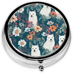 White Dog and Flowers Pill Box 3 Compartment Metal Pill Case Portable Travel Pill Organizer for Pocket or Purse Decorative Round Medicine Box Vitamin Container