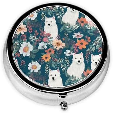 White Dog and Flowers Pill Box 3 Compartment Metal Pill Case Portable Travel Pill Organizer for Pocket or Purse Decorative Round Medicine Box Vitamin Container