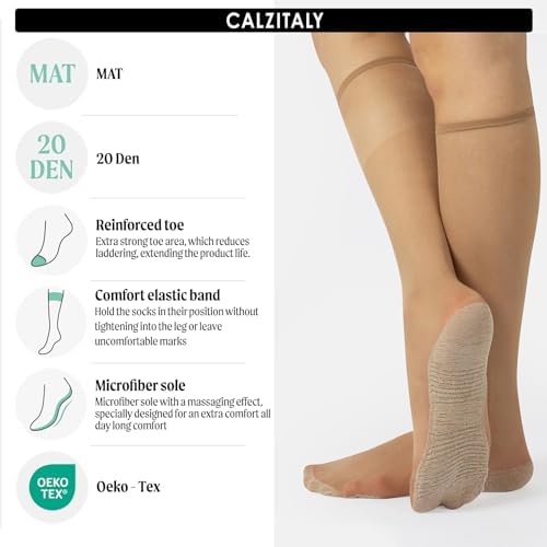 PACK 3 PAIRS 20 DEN SHEER KNEE HIGH SOCKS WITH COMFORT SOLE | LYCRA KNEE HIGH POP SOCKS | NATURAL, BLACK | ITALIAN HOSIERY |