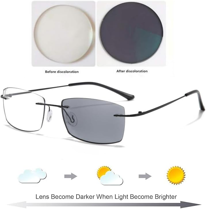 Rimless Photochromic Nearsighted Glasses for Men Women Blue Light Blocking Myopia Glasses Distance Driving Eyeglasses