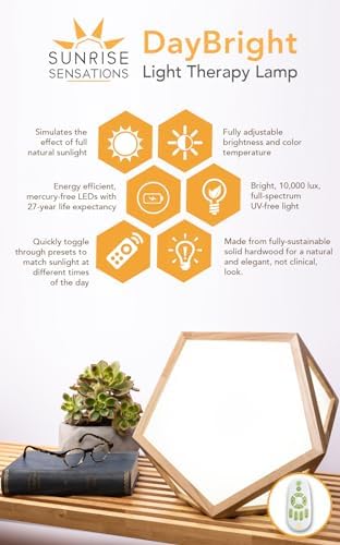 DayBright Light Therapy Lamp Full Spectrum, 10,000 LUX, UV-Free, Full Size, Adjustable, Happy Sun Lamp, Sunlight Lamp for Daylight Feelings - Crafted from Solid Wood