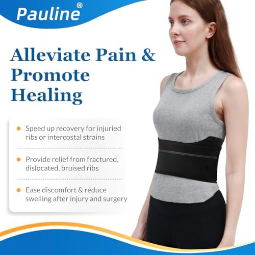 Pauline Broken Rib Brace for Women - Compression Chest Binder for Cracked Ribs Support & Chest Pain Relief - Rib Belt for Bruised Rib Cage (Black, Fits 30”-45”)