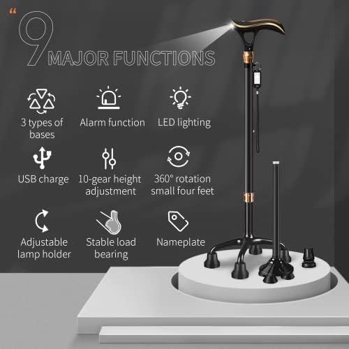 Smart Alarm Walking Cane for Men & Women, Telescopic and Adjustable Walking Sticks for Seniors, USB Direct Charge, with LED Light, One Cane for Three Purposes, Light and Stable