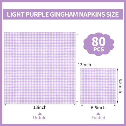 80 Pcs Purple Gingham Napkins, 6.5X6.5 Inch Easter Napkins Purple and White Checkered Napkin Lavender Plaid Napkin Gingham Party Supplies for Baby & Bridal Shower, Wedding, Picnic