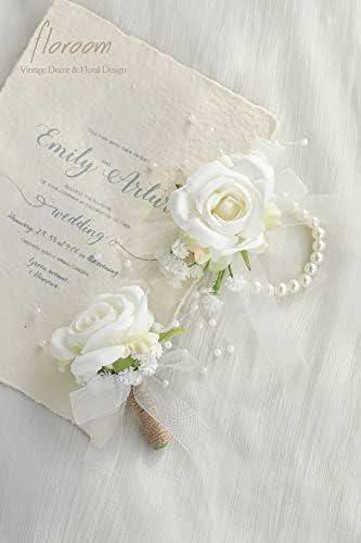 Floroom Ivory Rose Wrist Corsage Bracelet Wristlet Band and Men Boutonniere Set for White Wedding Flower Accessories Prom Suits