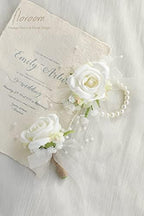 Floroom Ivory Rose Wrist Corsage Bracelet Wristlet Band and Men Boutonniere Set for White Wedding Flower Accessories Prom Suits