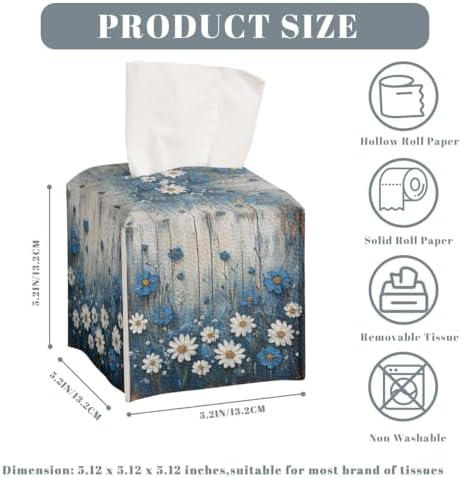 White Flowers Daisy Tissue Box Cover Rustic Floral Wooden Country Leather Tissue Box Holder Square Facial Paper Organizer Dispenser for Car Bathroom Bedroom Office Tabletop Decor