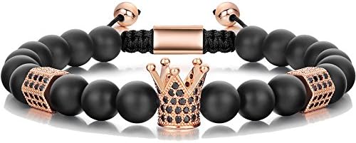 SEVENSTONE 8mm Crown King Charm Bracelet for Men Women Black Matte Onyx Stone Beads, 7.5"