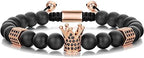 SEVENSTONE 8mm Crown King Charm Bracelet for Men Women Black Matte Onyx Stone Beads, 7.5"