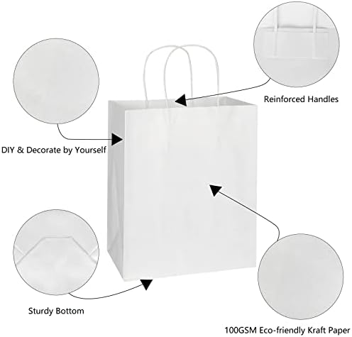 Toovip 50 Pack 8x4.75x10 Inch Medium White Kraft Paper Bags with Handles Bulk, Gift Wrap Bags for Favors Grocery Retail Party Birthday Shopping Business Goody Craft Merchandise Take Out Sacks