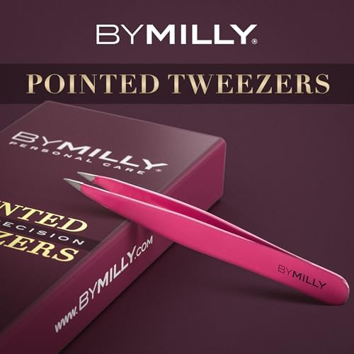 Pointed Tweezers | High Carbon Stainless Steel Needle Nose | Fine Point Precision Hair Removal | Perfectly Aligned & Hand-Filed Sharp | Pink