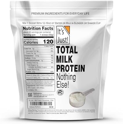 It's Just! - Total Milk Protein Concentrate Powder (Contains: 80% Casein / 20% Whey), Heavy Metal Tested, No Added Flavors, Non-GMO, Gluten Free (2.5 Pound, Unflavored)