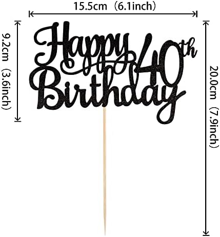 1 PCS Happy 40th Birthday Cake Topper Glitter Cheers to 40 Years Birthday Cake Pick 40 Fabulous Cake Decoration for Happy 40th Birthday Anniversary Party Decorations Supplies Black