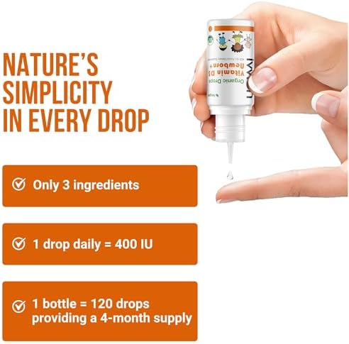 Organic Vegan 400IU, Vitamin D3, 120 Drops – Baby Drop for Infants & Toddlers | USDA Organic, Non-GMO, Plant-Based, No Additives or Preservatives, All Natural, Made in UK