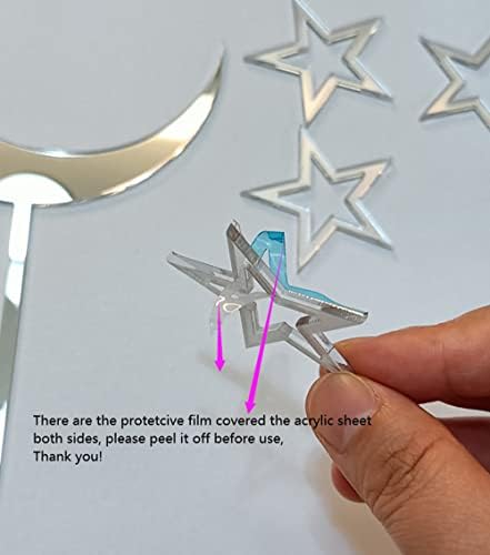 Set of 15pcs Moon and Hollow Stars Acrylic Cake Topper Set for Celestial Birthday Wedding Baby Shower Engagement Anniversary (Silver)