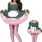 Dress Fancy Apron Maid Dress Laser Long Sleeve Shiny Costume Gloves and Neckwear,Black,XS