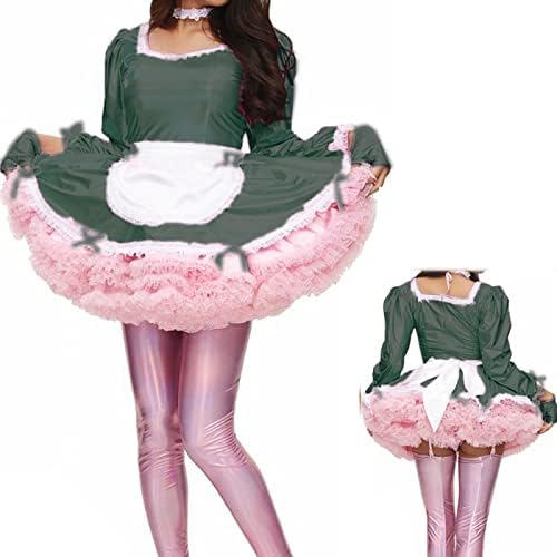 Dress Fancy Apron Maid Dress Laser Long Sleeve Shiny Costume Gloves and Neckwear,Black,XS