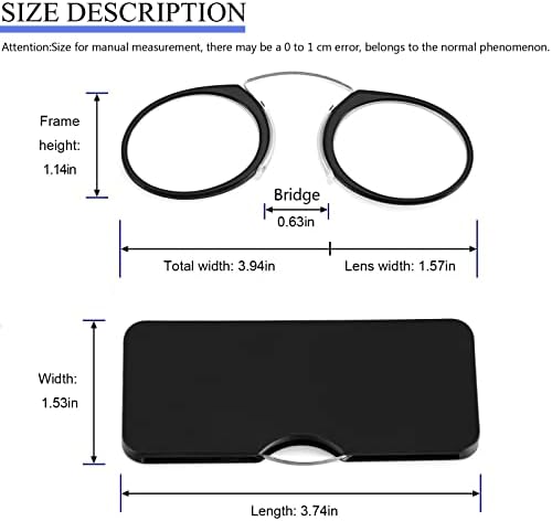 REAVEE 2 Pack Pinch Nose Clip on Reading Glasses Armless for Men Women, No Temple Slim Compact Readers Ultra Thin with Mini Portable Case, Black +2.0