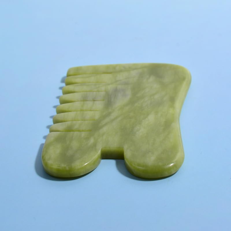Gua Sha Comb Tool, Natural Green Jade Stone Scalp Massage Comb, Facial GuaSha Tool for Lift and Puffiness, Jade Gua Sha Scraping Therapy Massager for Full Body Relax