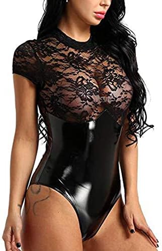 Mzkdieey Women Sexy Leather Lingerie with Garter Belt Wet Look PU Skinny Bodysuit Ring Linked Cut Out Babydoll Nightwear