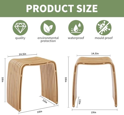 Bamboo Shower Bench, Non-Slip Shower Stool & 450 lbs, Waterproof Bathroom Stool Spa Bath Seat, Natural Bamboo Stool, Suitable for Multiple Settings: Bathroom, Bedroom, Dining room and Living room