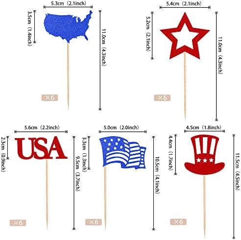 30 PCS Independence Day Cupcake Toppers with Flag Map Star USA Patriotic Cupcake Picks Happy 4th of July American National Independence Day Theme Party Cake Decorations Supplies
