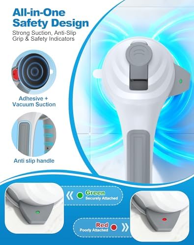 Grab Bars for Shower and Bathtubs, 16.7 Inch Shower Handle with Indicators, Shower Suction Grab Bar for Shower Chair Stool and Bathtubs, Safety Gifts for Seniors, Elderly & Handicap, 2 Pack