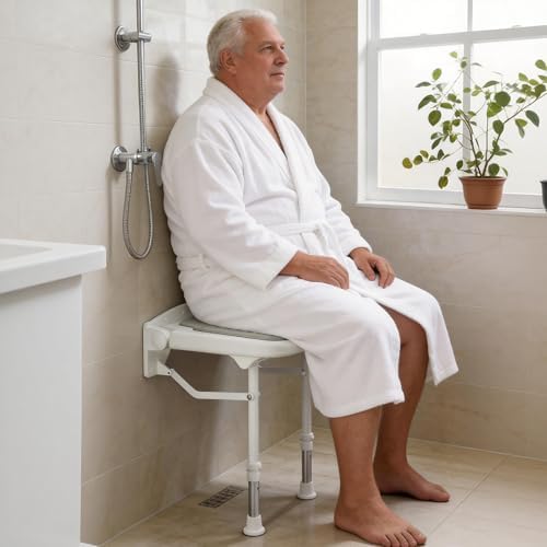 Wall Mounted Shower Seats w/PU Cushion Support 550lbs, Adjustable Height Folding Shower Chair Wall Mounted for Elderly-Adults-Pregnants-Seniors-Disabled