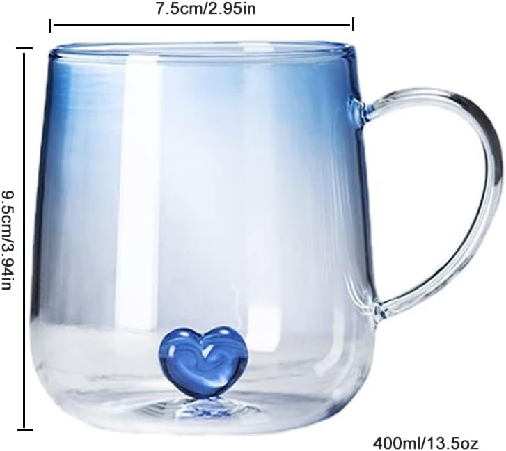 Novelty Borosilicate Glass Coffee Mug, 3D Love Heart Inside Tea Cup 13.5oz, Romantic Gift for Him or Her Birthday, Valentines Day, Anniversary, Wedding