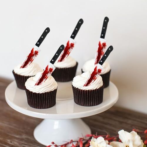 Ercadio 65Pcs Edible Halloween Cupcake Toppers Edible Happy Halloween Cake Picks Horror Bleeding Knives Cupcake Decors for Baby Shower Party Cake Decoration