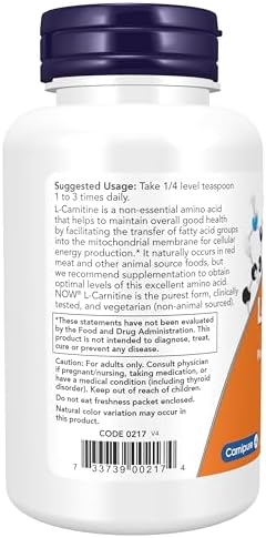 NOW Foods Supplements, L-Carnitine (L-Carnitine Tartrate) Pure Powder, Boosts Cellular Energy, Amino Acid, 3-Ounce