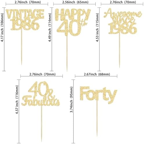 Gyufise 30Pcs Happy 40th Birthday Cupcake Toppers Glitter Forty Vintage 1986 Cupcake Picks Cheers to 40 Fabulous Cake Decorations for Happy 40th Birthday Wedding Anniversary Party Supplies Gold