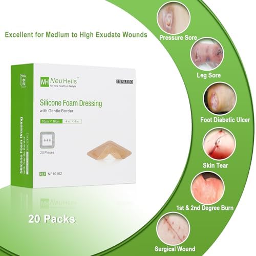 NeuHeils Silicone Foam Dressing with Gentle Border 4''x4'', 20 Pack for Bed Sore Leg Ulcer, High Absorbency Large Waterproof Silicone Wound Bandage