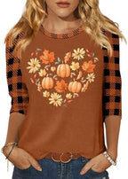 Halloween Shirts Women: Pumpkin T-Shirt Funny Pumpkin Graphic Tee Fall Plaid Long Sleeve Autumn Tops