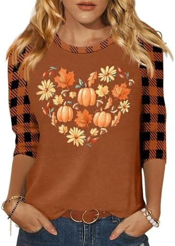 Halloween Shirts Women: Pumpkin T-Shirt Funny Pumpkin Graphic Tee Fall Plaid Long Sleeve Autumn Tops