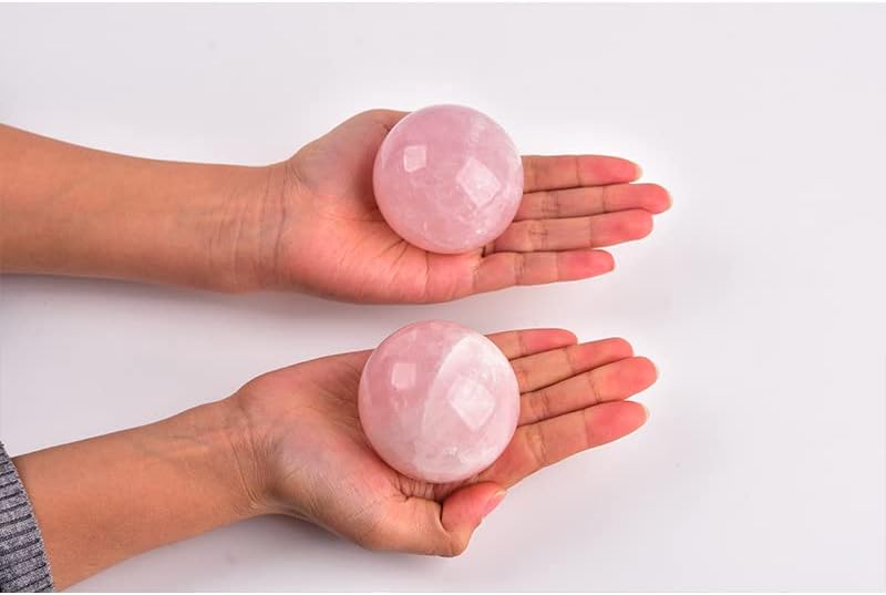 JIC Gem 2.9 Inch Natural Pink Rose Quartz Magic Crystal Healing Ball Ornament Sphere with Wood Stand for Decoration,Meditation, Scrying Mirror,Feng Shui.