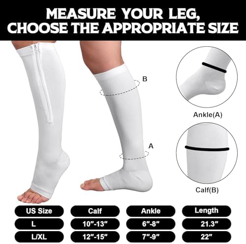 Nuanchu 3 Pairs Open Toe Zipper Compression Socks 20-30mmhg Zipper Compression Stockings Knee High Socks for Men Women Edema