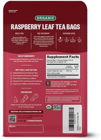 FGO Organic Red Raspberry Leaf Tea Bags, 100 Eco-Conscious Tea Bags, Caffeine Free, Imported from Germany, Reseable Bag, Packaging May Vary (Pack of 1)