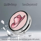 Metal Pill Organizer - 3-Compartment Mini Round Pill Case for Pocket & Purse, Portable Vitamin Holder, Easy-Open Design for Travel - Pink Cowboy Hat