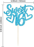 Gyufise 1Pc Sweet Teenager 16 Cake Topper Glitter 16th Birthday Cake Pick for Cheers to 16 Years Old 16th Birthday Party Cake Decorations Supplies Light Blue