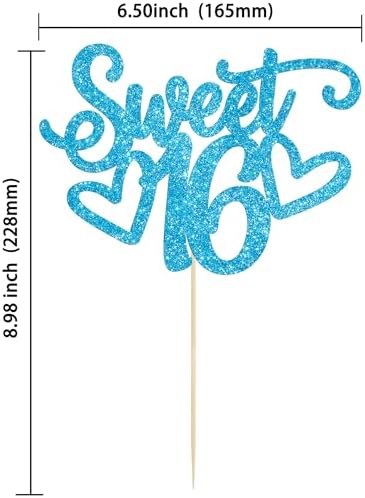 Gyufise 1Pc Sweet Teenager 16 Cake Topper Glitter 16th Birthday Cake Pick for Cheers to 16 Years Old 16th Birthday Party Cake Decorations Supplies Light Blue