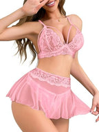 Lilosy Sexy Strappy Bralette Mini Skirt Floral Lace Mesh Sheer with Thong Otufits Lingerie Set 3 Piece
