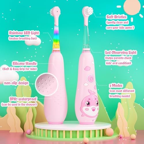 SEAGO Kids Electric Toothbrushes Rechargeable, Toddler Electric Toothbrush with Magnetic Charging, LED Observing Light, 8 Toothbrush Heads for Ages 2-4-6 Boys Girls (Pink)