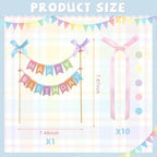 Honeydak 11 Pcs Pastel Bow Ribbon Cake Topper Happy Birthday Cake Bunting Topper with Wood Pole Handmade Pennant Flags with Bows Ribbon for Birthday, Bridal Party Decoration