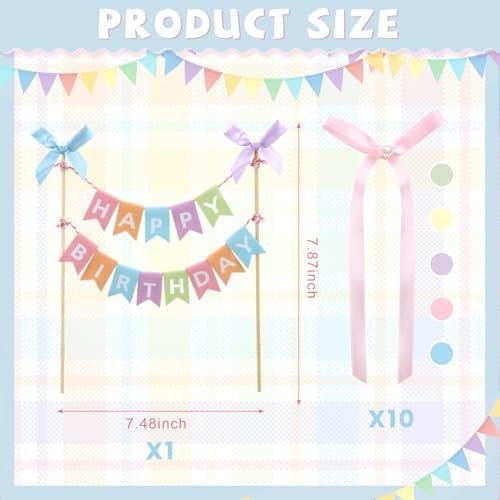 Honeydak 11 Pcs Pastel Bow Ribbon Cake Topper Happy Birthday Cake Bunting Topper with Wood Pole Handmade Pennant Flags with Bows Ribbon for Birthday, Bridal Party Decoration